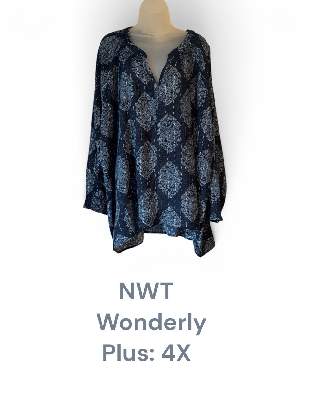 NWT retail: $60  Wonderly Navy/Light Blue Printed V-Neck Top  PLUS: 4X    #11